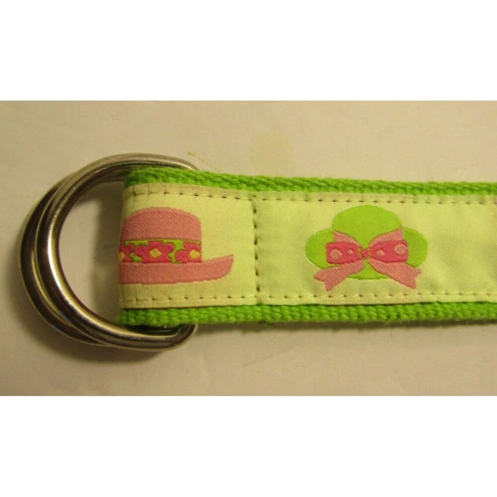 Ribbon Belt Vintage 80s Preppy Pink Green Hats Fabric Canvas D Ring Womens